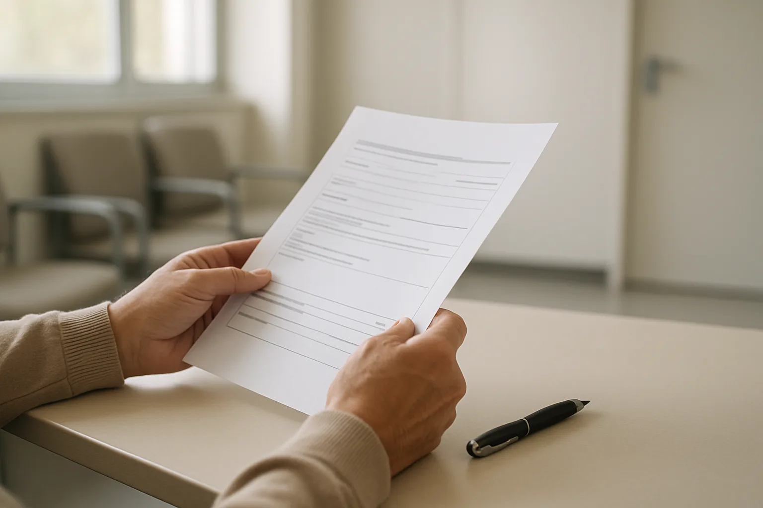 Mains tenant un document de rendez-vous dans une salle d’attente médicale.