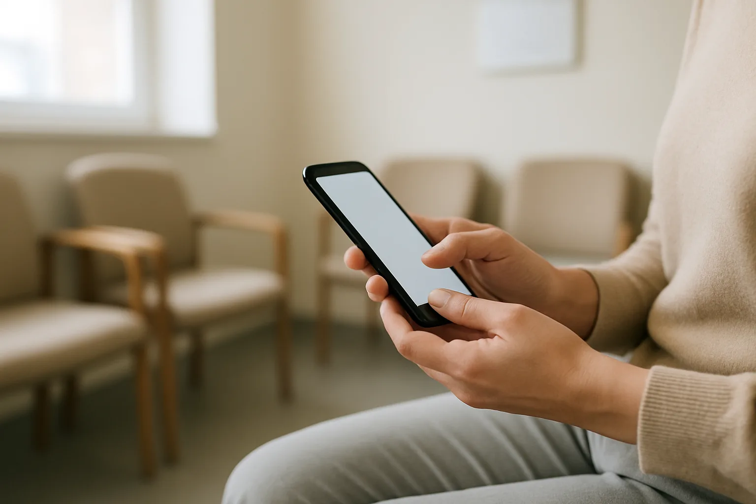 Une personne consulte son téléphone dans une salle d’attente avant un rendez-vous médical.