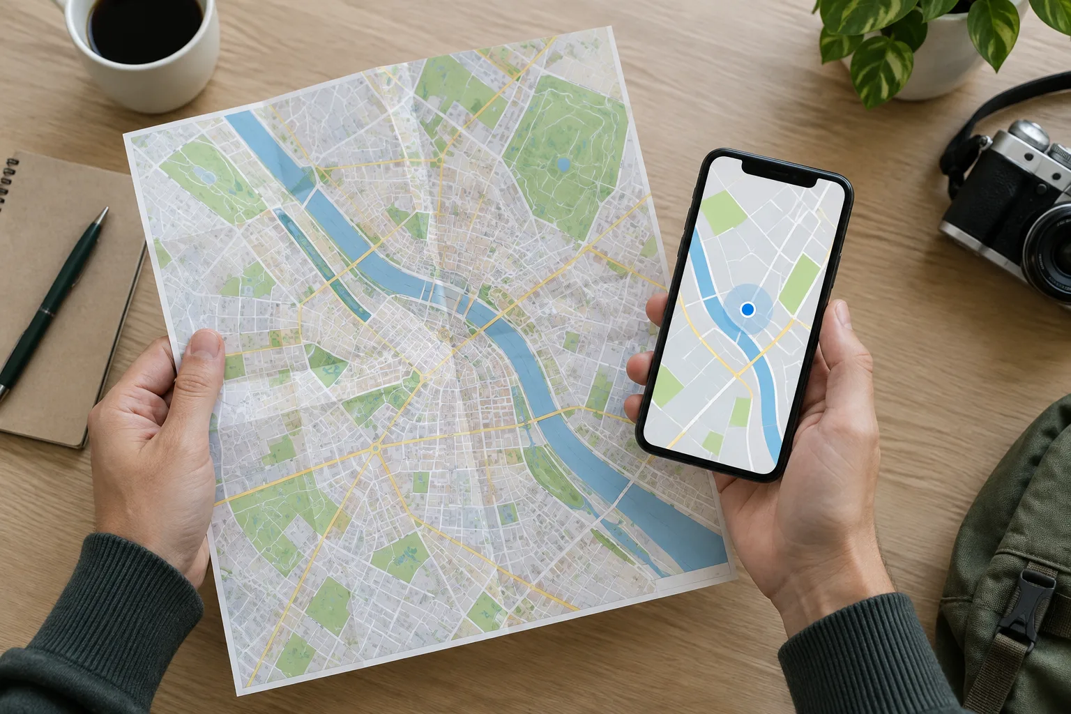 Mains comparant un plan de ville et une carte sur téléphone pour repérer un lieu de consultation.