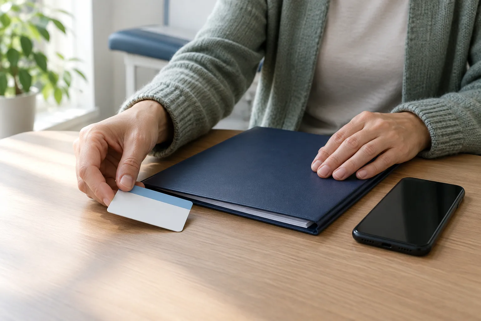 Documents et téléphone rassemblés sur une table avant un rendez-vous dans un centre de santé.