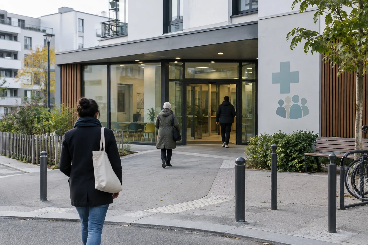Entrée d’un centre de santé dans un quartier urbain, avec un accès piéton de plain-pied.