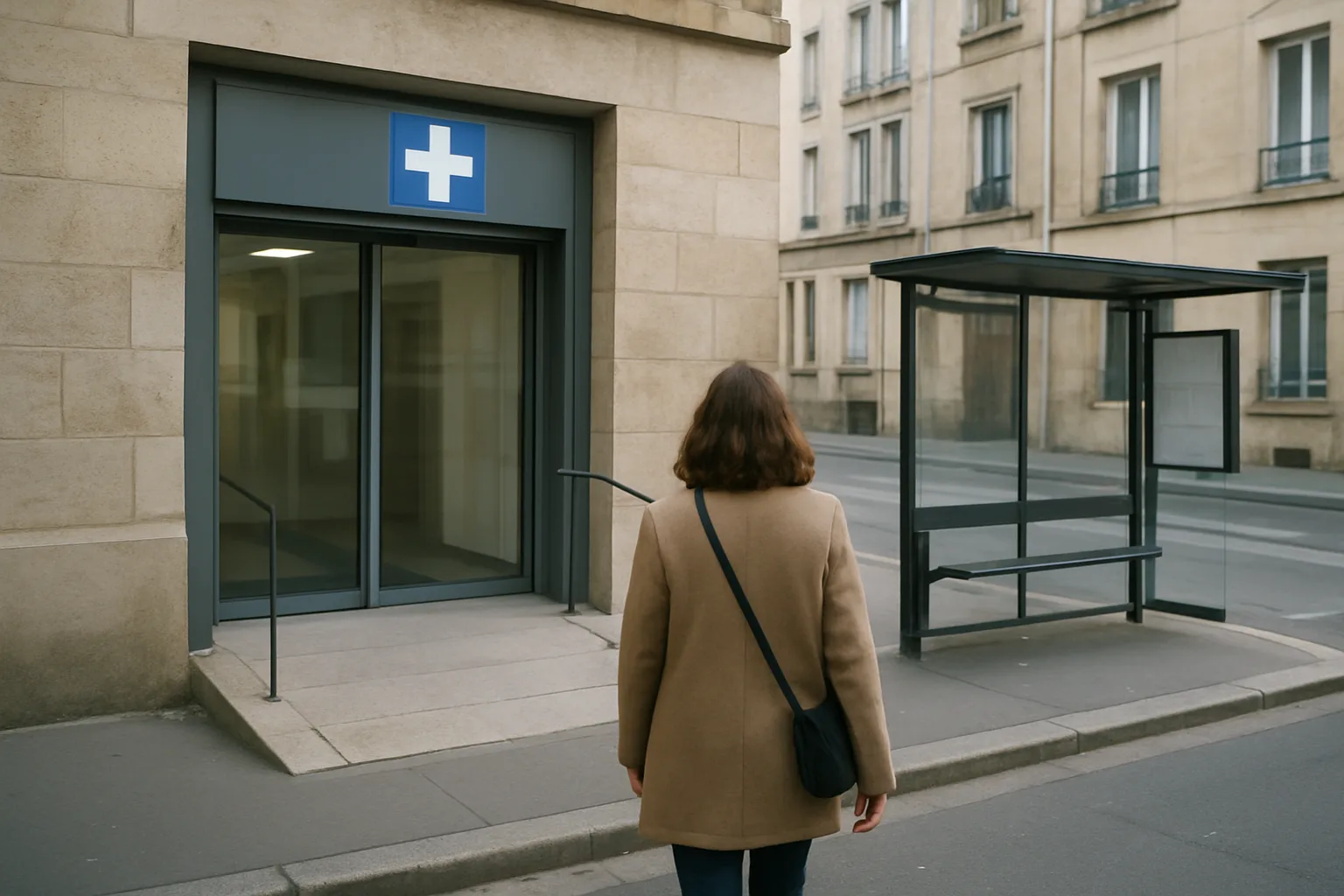 Entrée accessible d’un cabinet médical dans un quartier urbain, avec un cheminement dégagé.