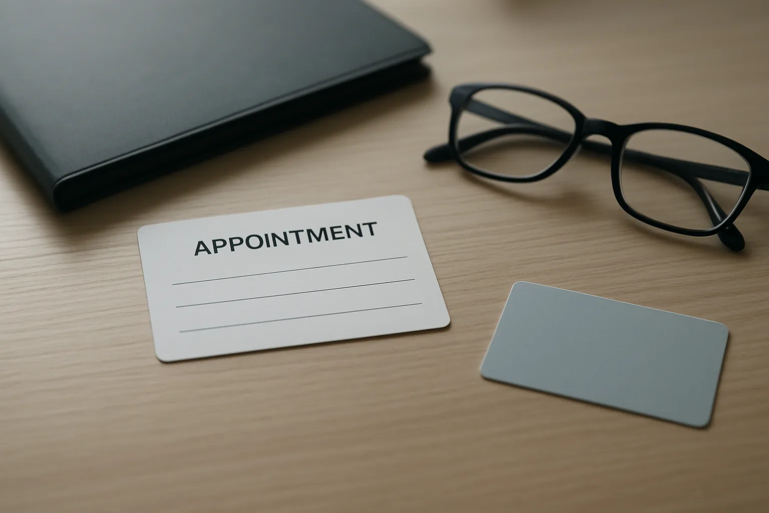 Lunettes et dossier de documents préparés sur une table avant une consultation.