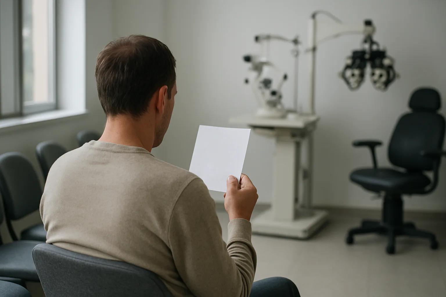 Une personne consulte ses informations de rendez-vous dans une salle d’attente d’ophtalmologie.