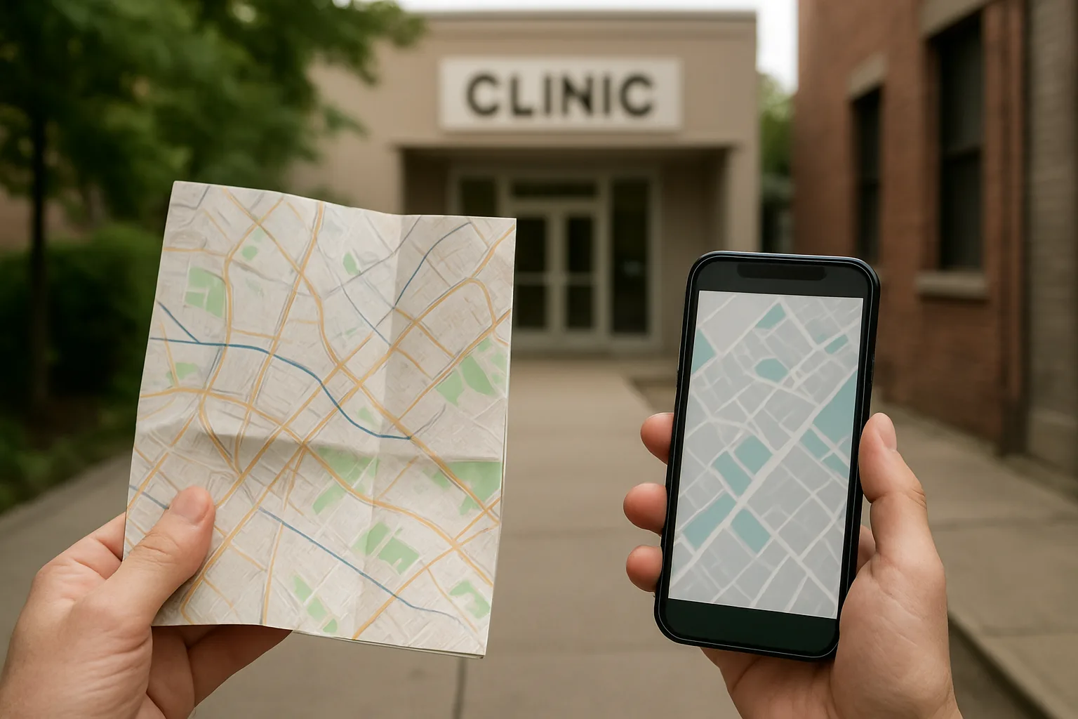 Une personne repère l’emplacement d’un cabinet médical à l’aide d’une carte et d’un téléphone.