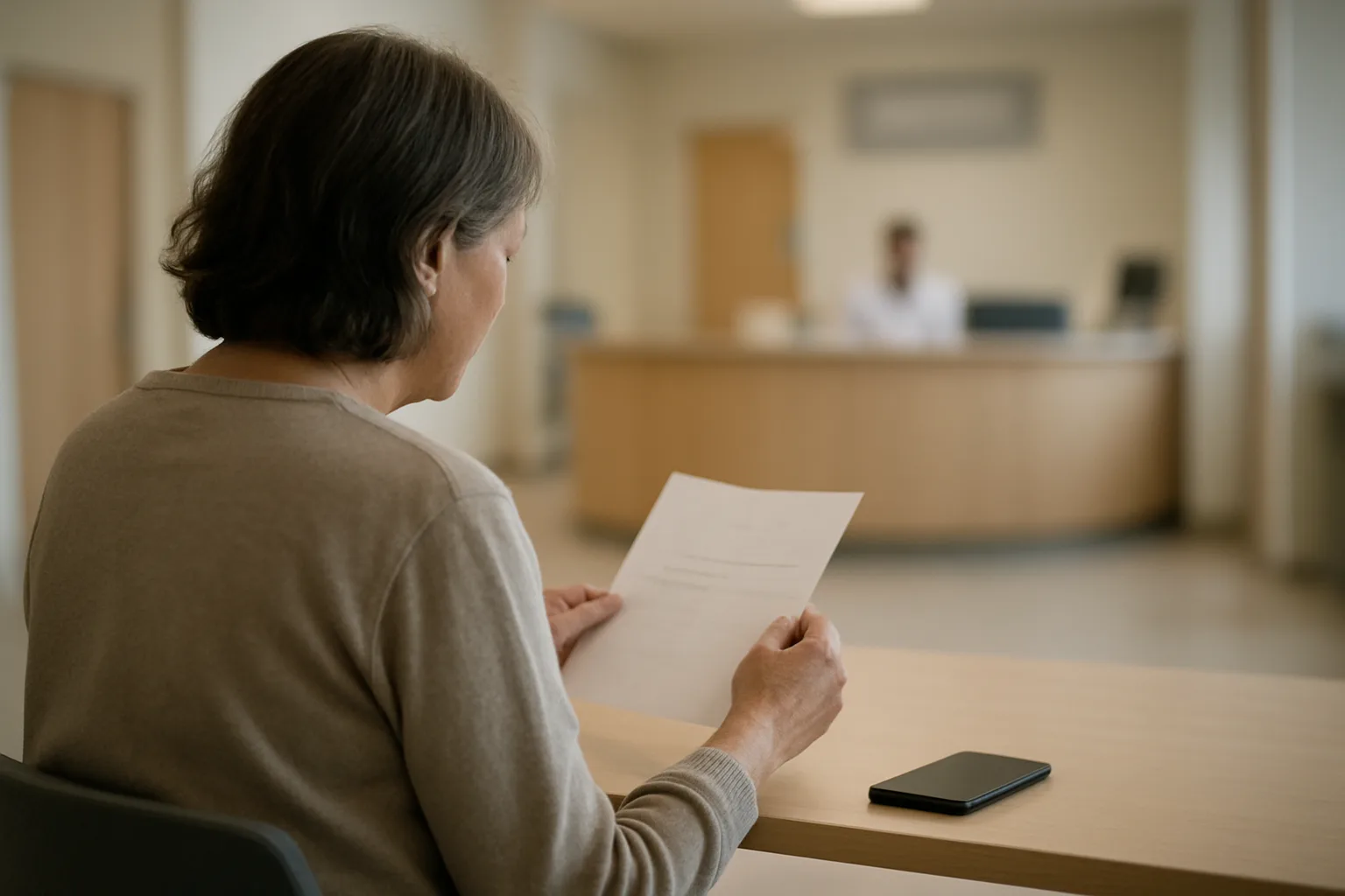 Une personne consulte une note de rendez-vous dans un espace d’accueil médical.