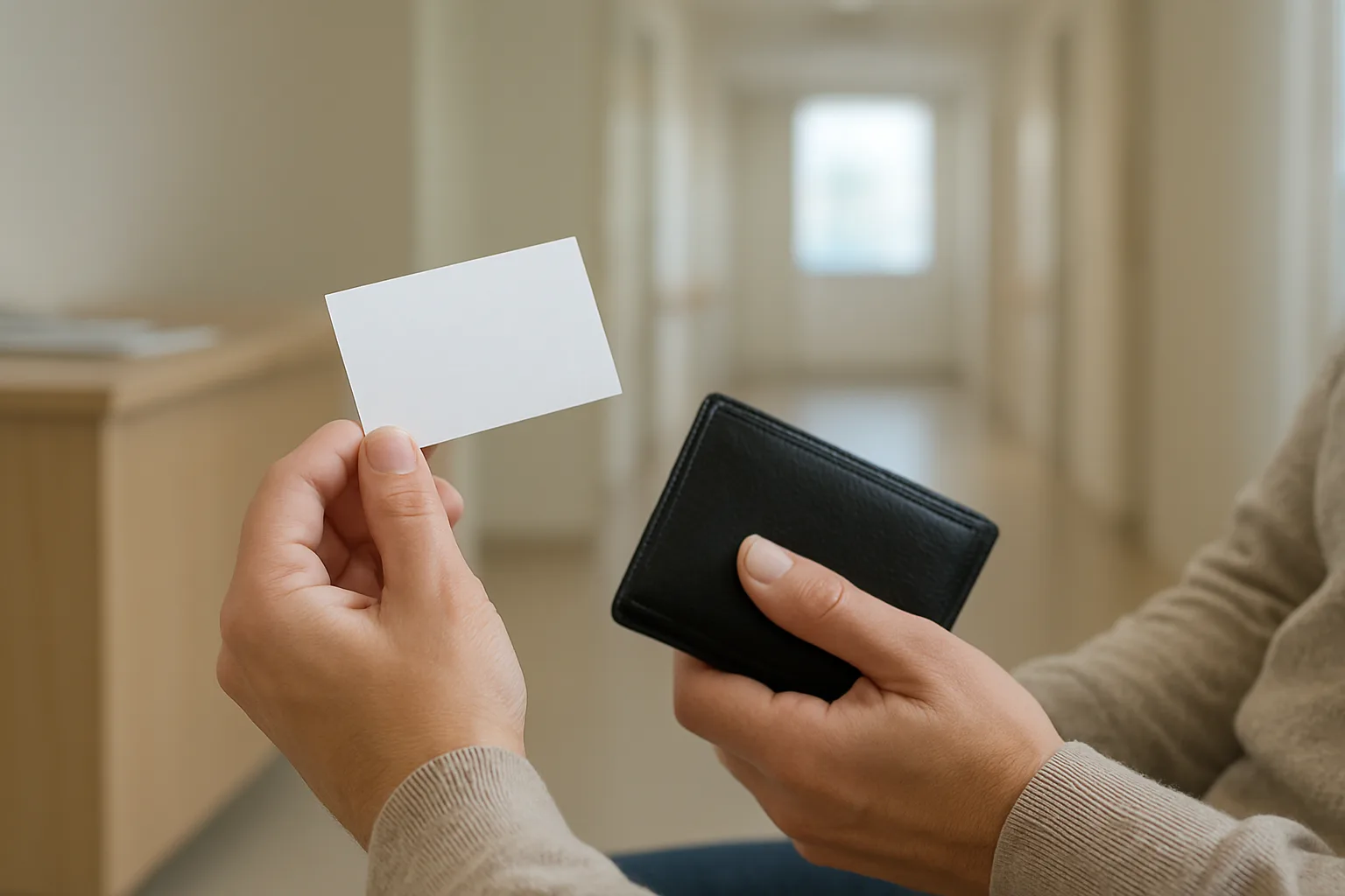 Des mains consultent une carte de rendez-vous dans un espace d’accueil médical.
