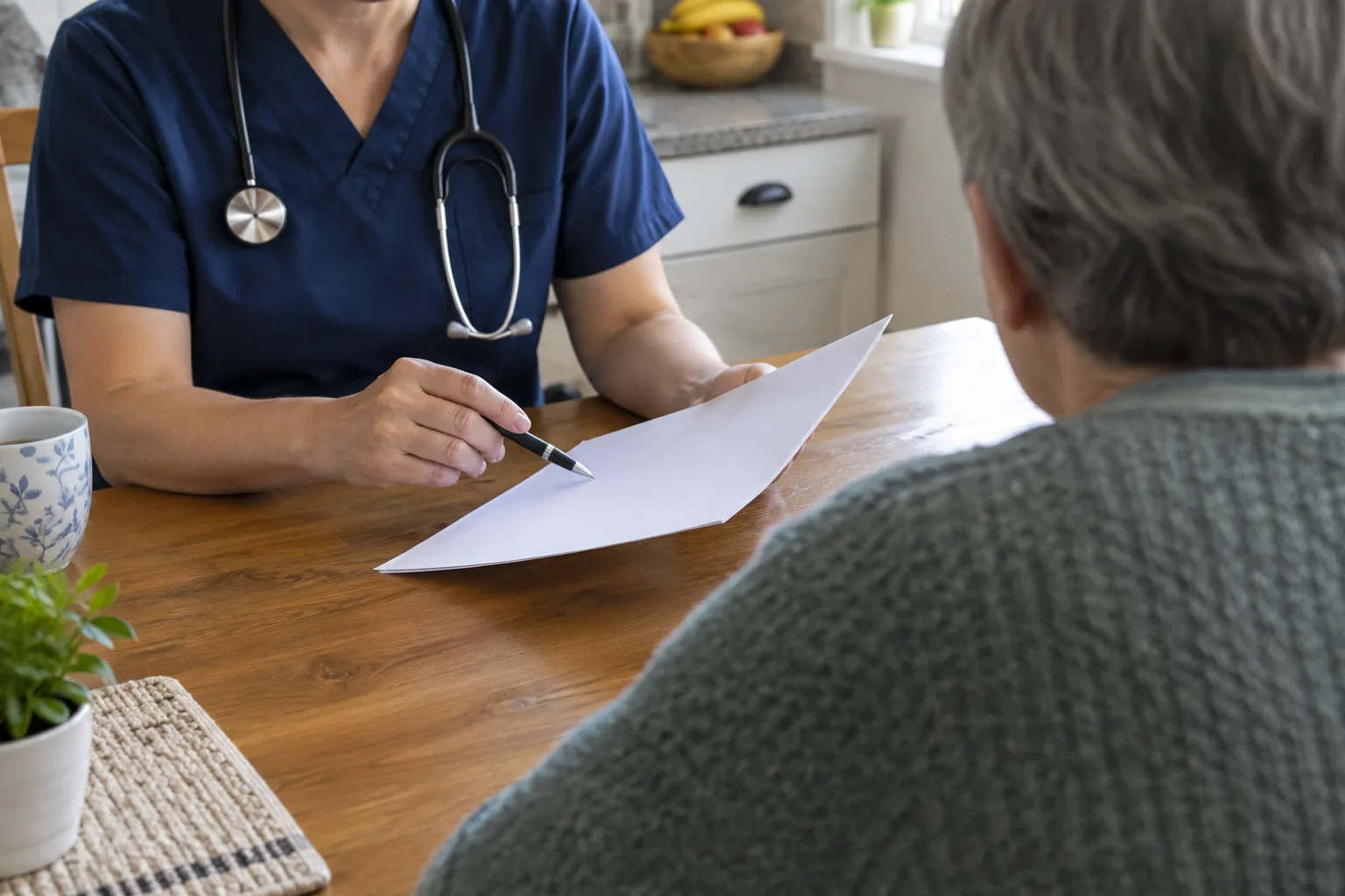 Un professionnel et une personne assise examinent des documents de soins sur une table, sans visage visible.