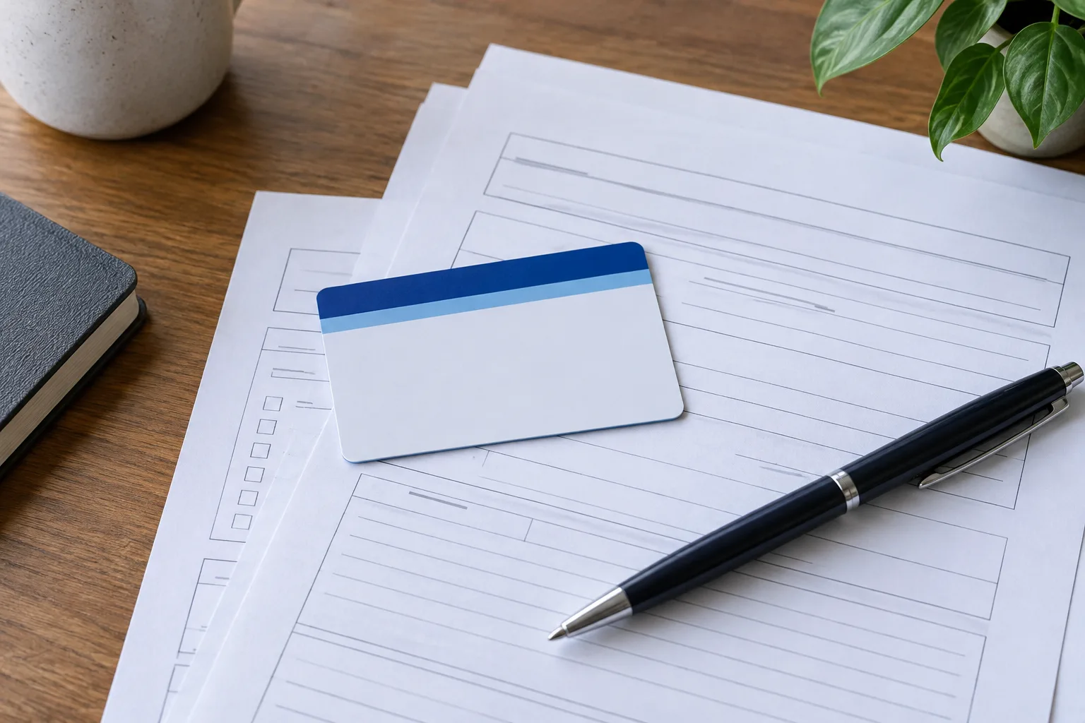 Carte d’assurance maladie non identifiable, formulaires vierges et stylo posés sur un bureau.