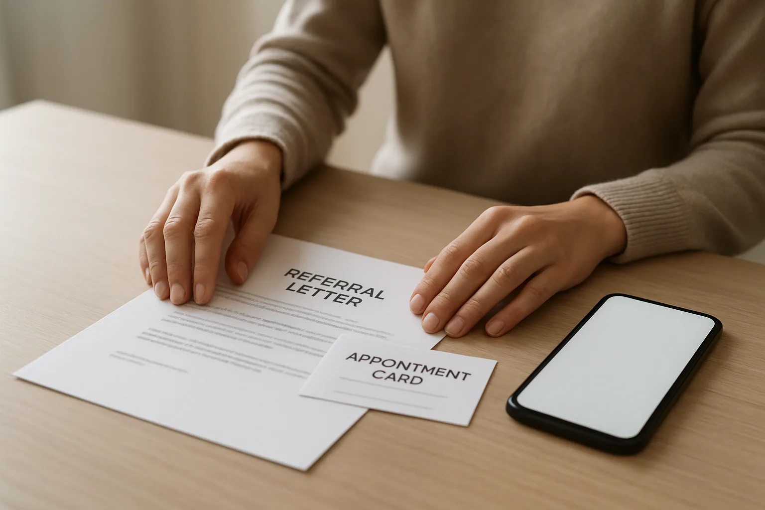 Documents et téléphone préparés avant une consultation médicale.