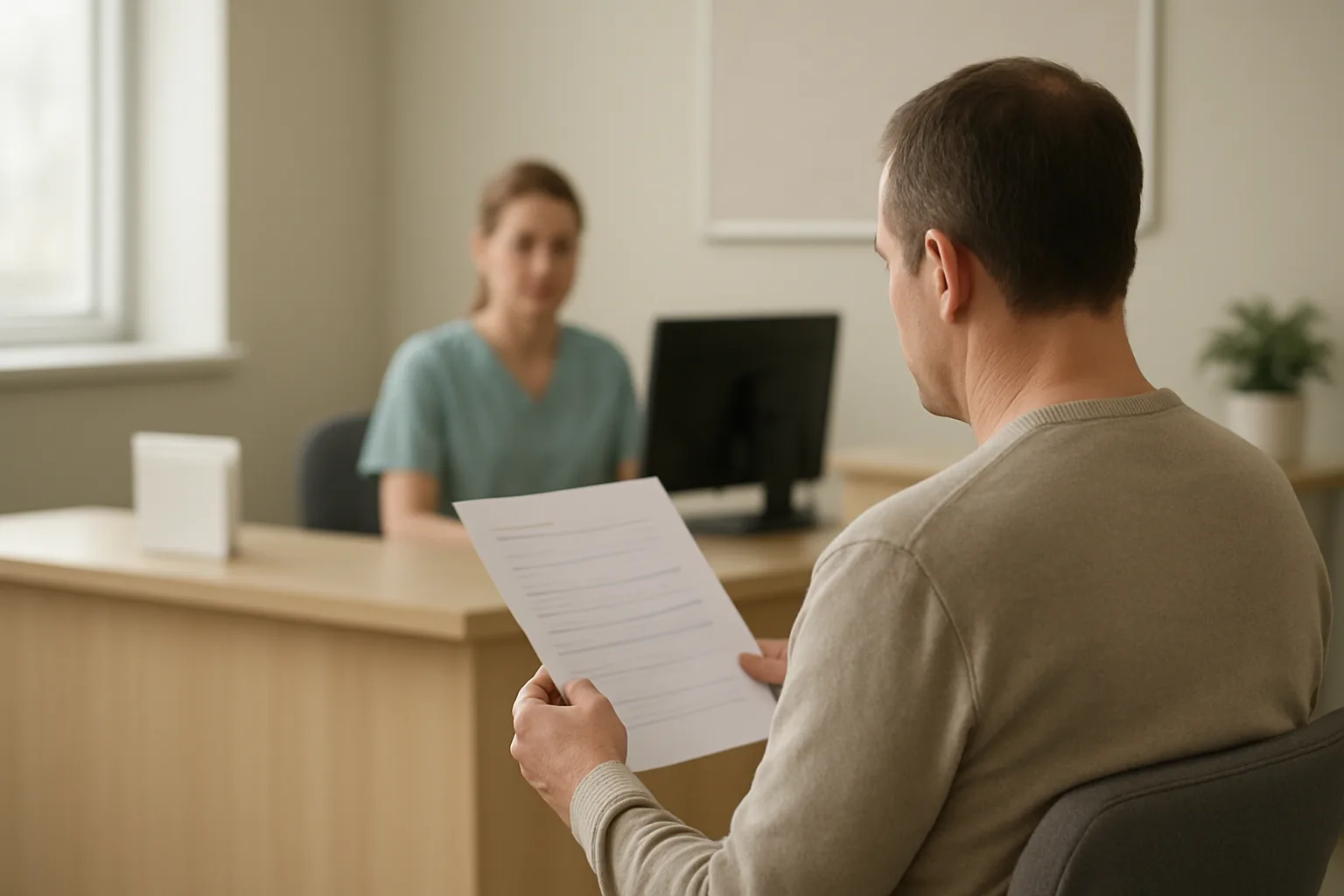 Une personne consulte ses informations de rendez-vous près de l’accueil d’un établissement de santé.