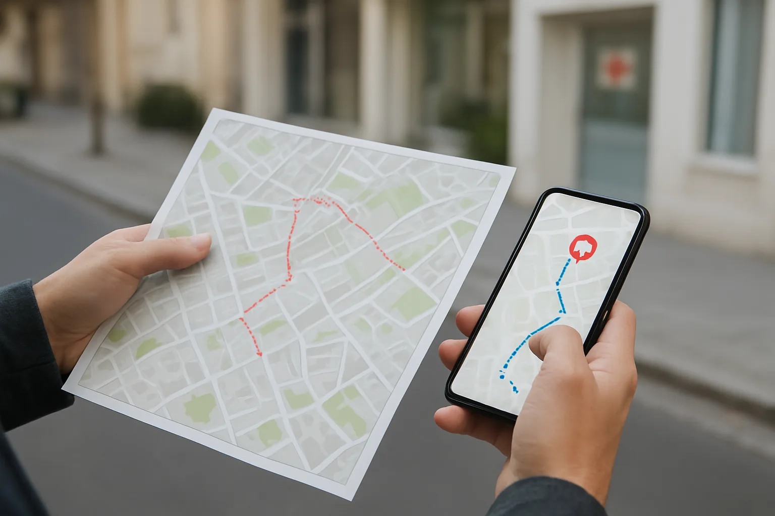 Une personne prépare son trajet vers un cabinet médical à l’aide d’un plan et d’un téléphone.