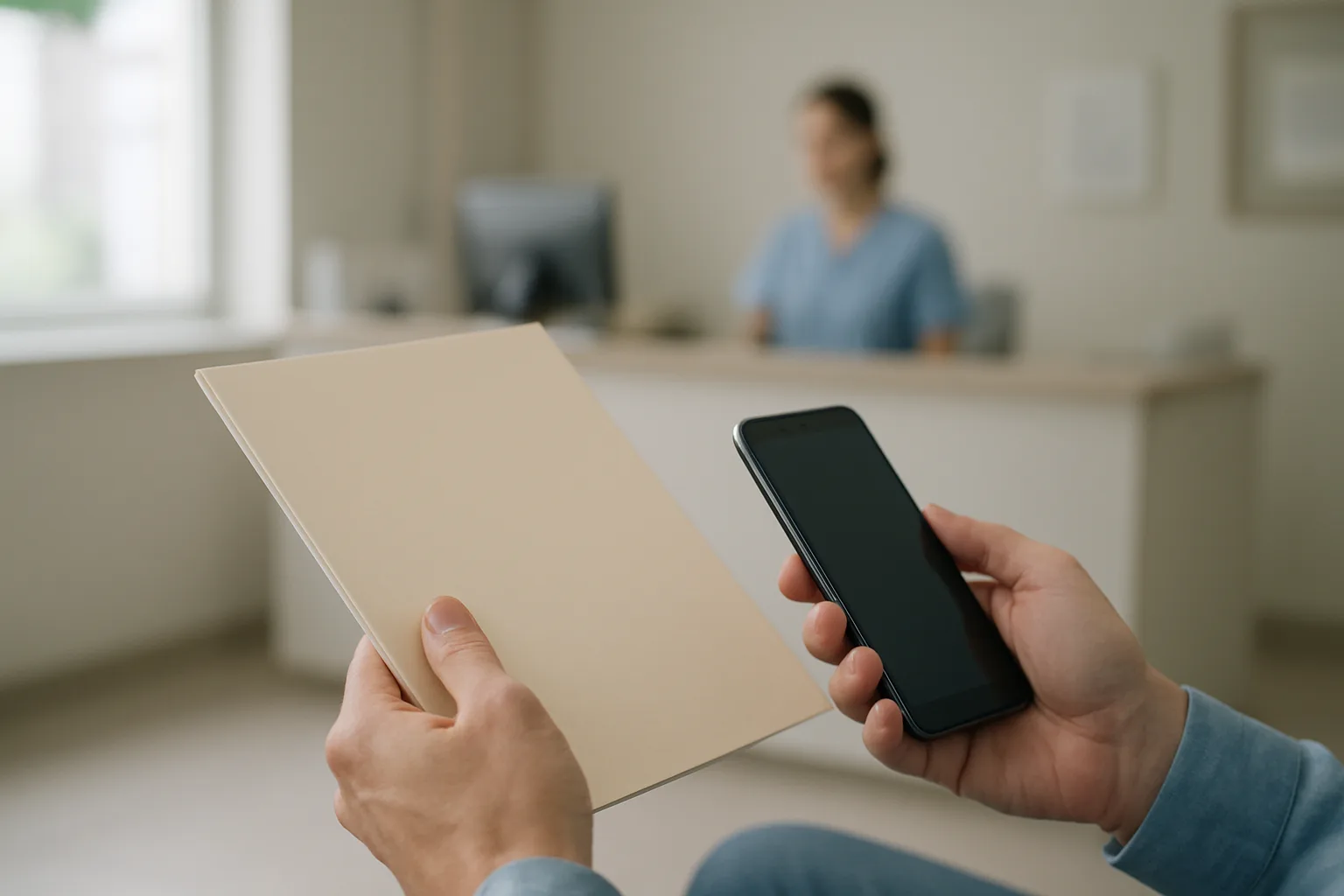 Mains tenant un dossier de rendez-vous médical dans une salle d’attente.