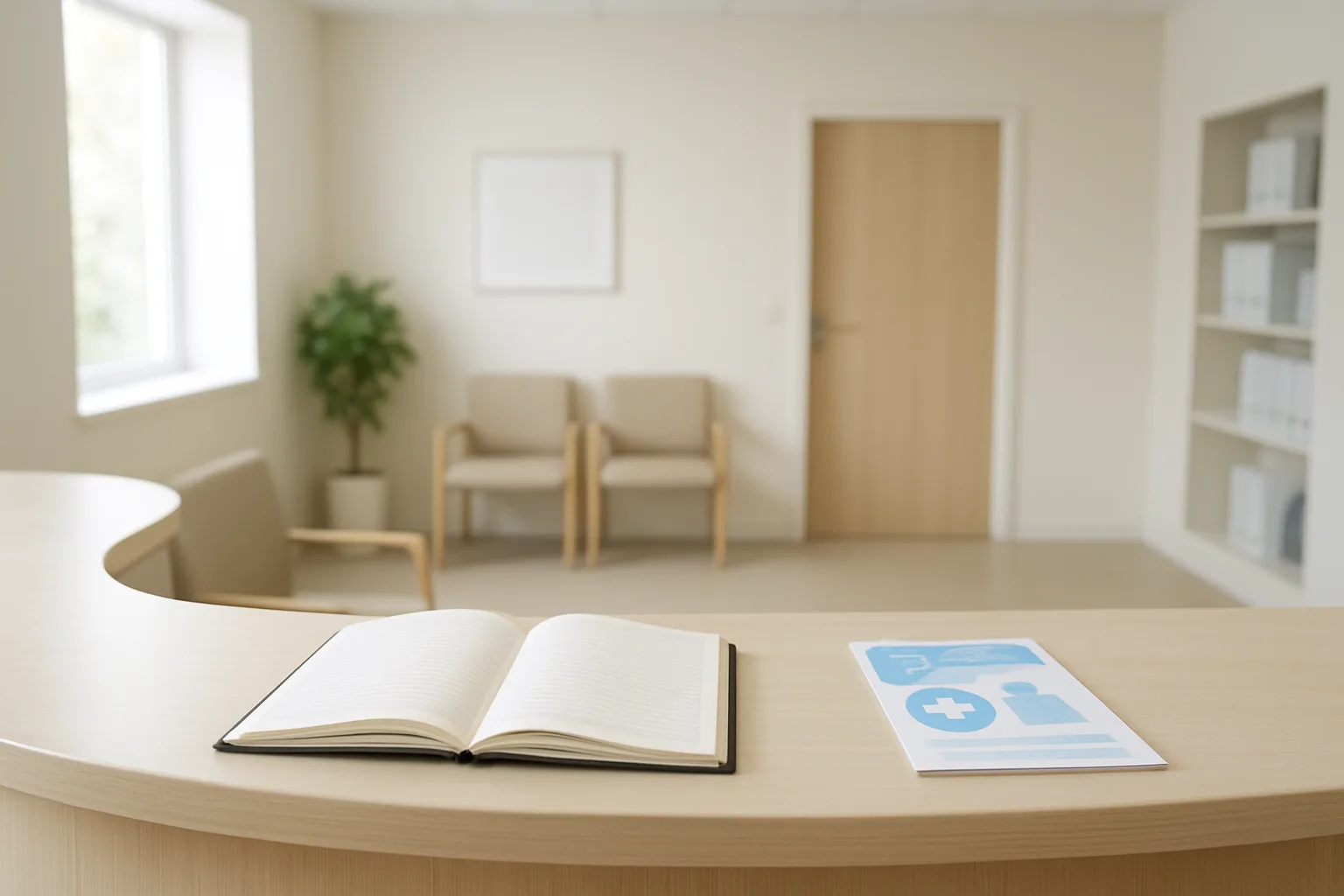 Espace d’accueil médical avec un bureau et un carnet de rendez-vous.