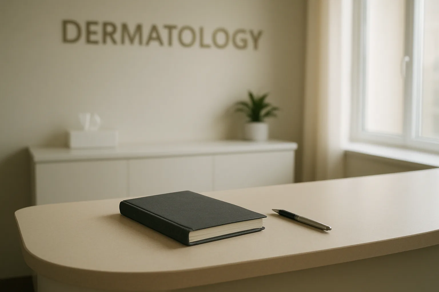 Carnet de rendez-vous posé sur le comptoir d’un cabinet de dermatologie.
