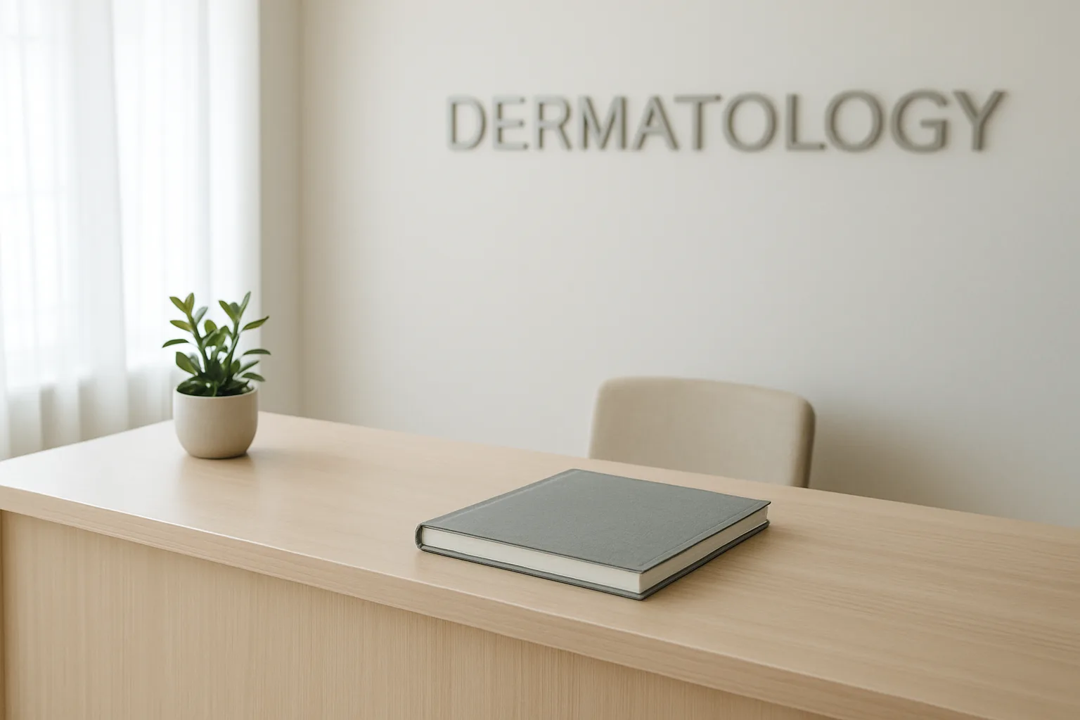 Espace d’accueil d’un cabinet de dermatologie avec un carnet de rendez-vous sur le comptoir.