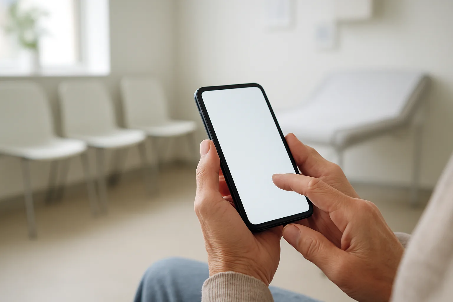 Une personne consulte les informations de son rendez-vous médical sur un téléphone dans une salle d’attente.