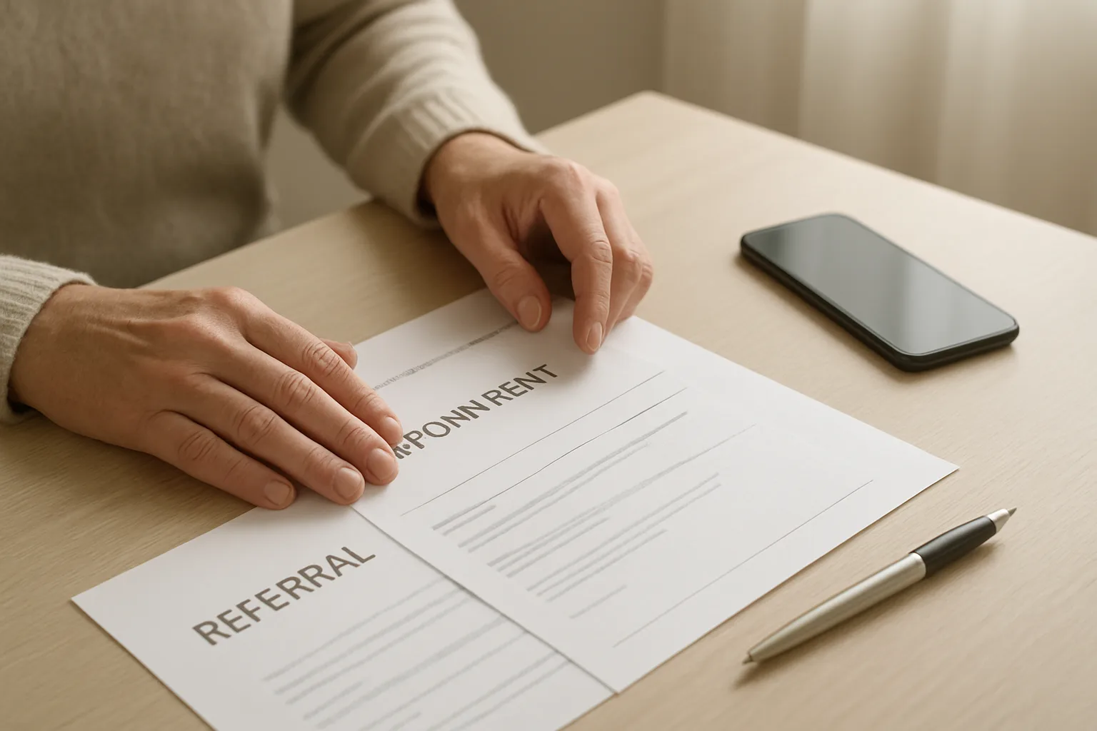 Documents de consultation et lettre d’adressage préparés sur un bureau.