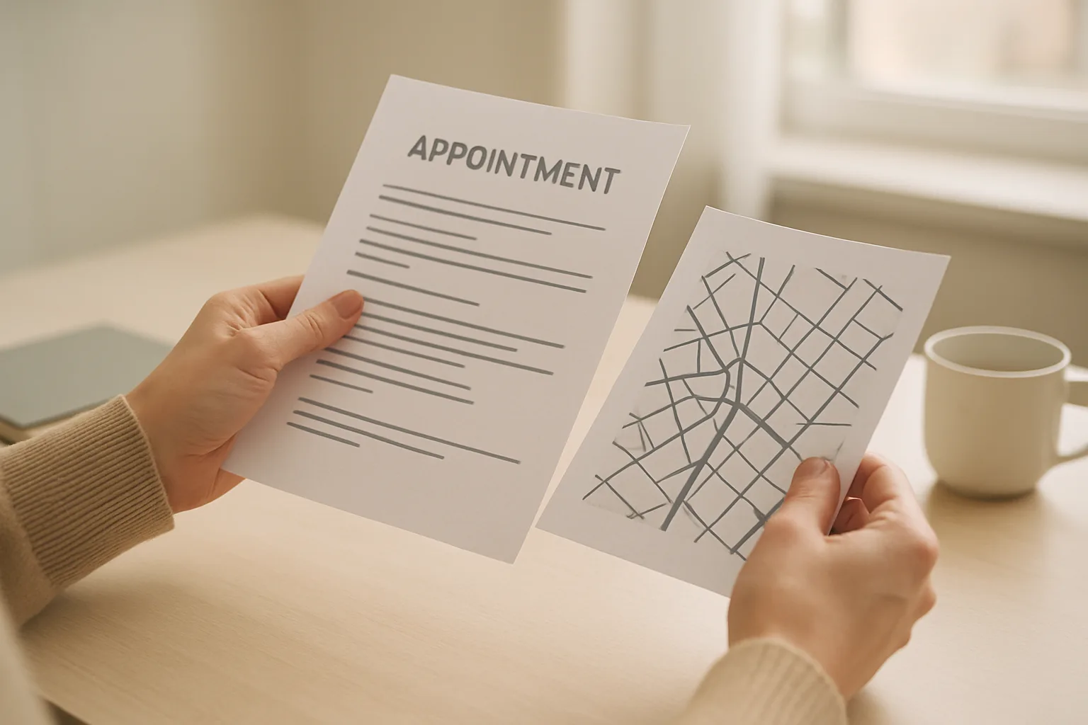 Une personne consulte des documents de rendez-vous et un plan avant une consultation.