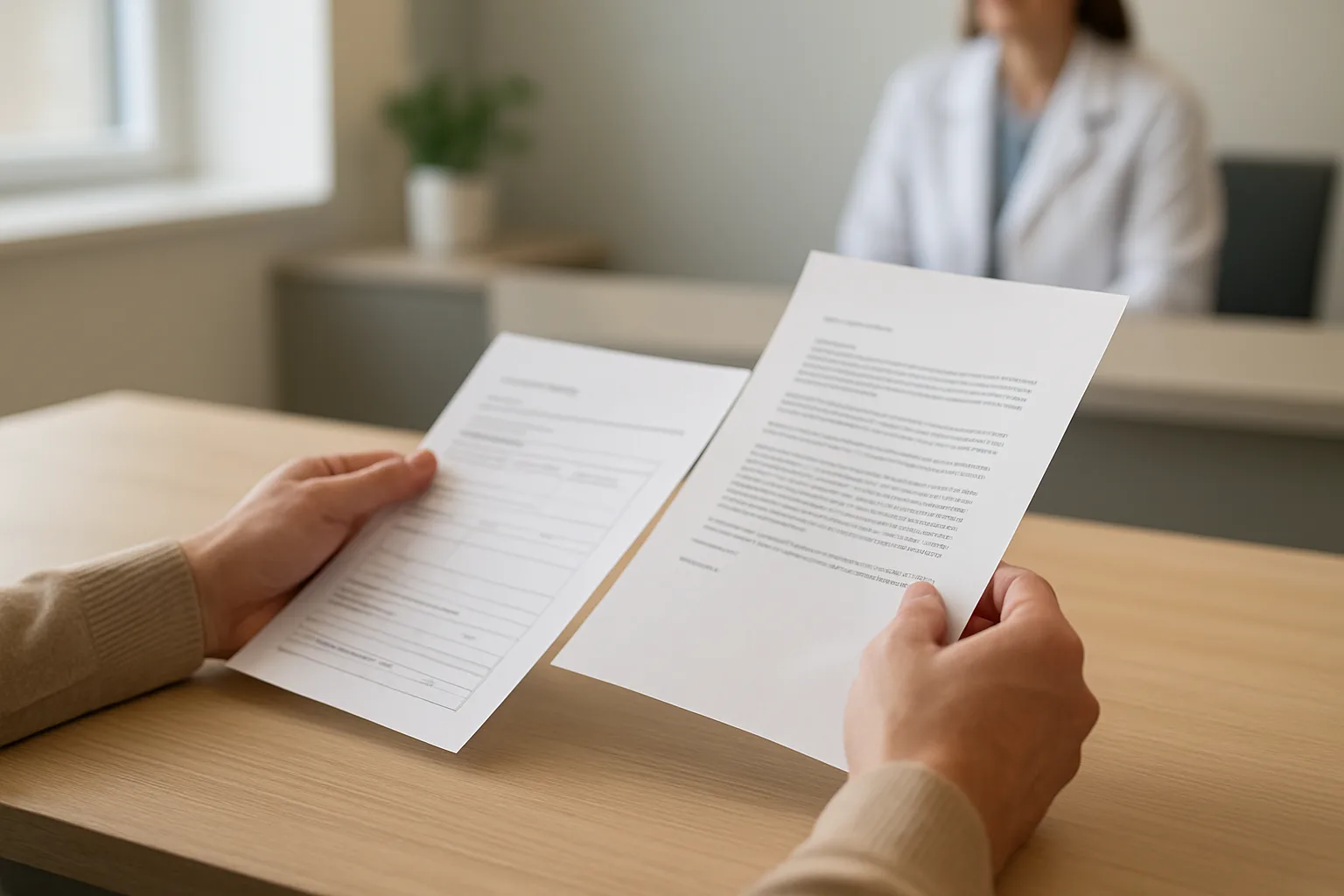 Mains consultant des documents de rendez-vous dans un espace de santé.