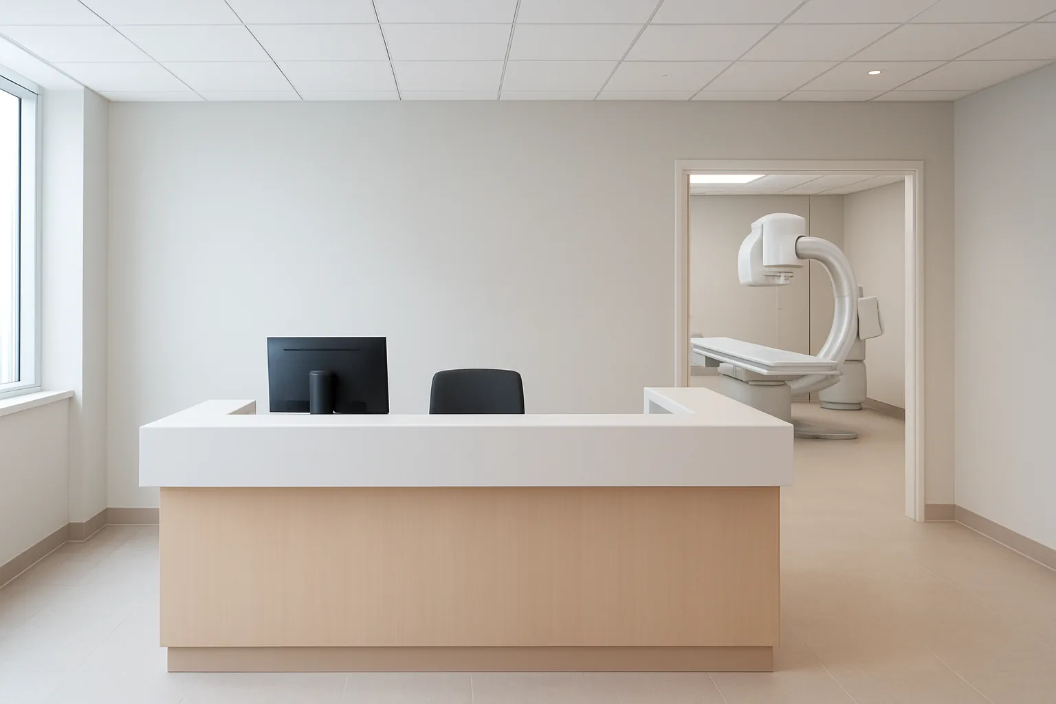 Accueil d’un centre d’imagerie médicale avec un espace de réception et un équipement visible en arrière-plan.