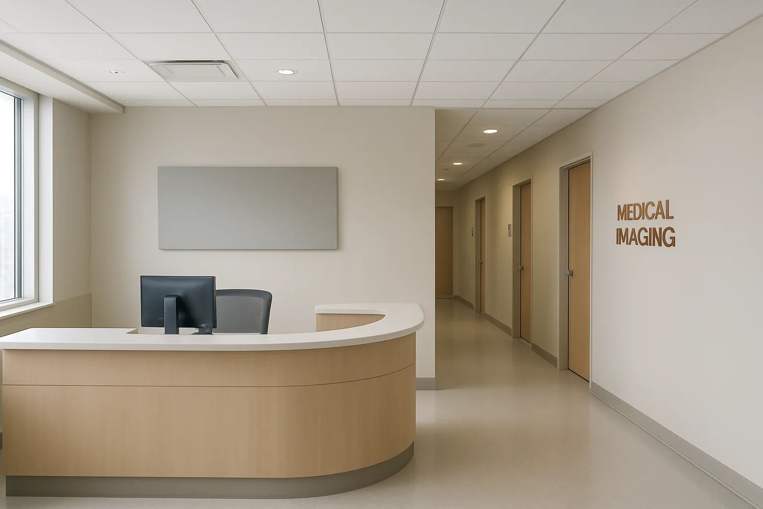 Accueil d’un centre d’imagerie médicale et couloir menant aux salles d’examen.