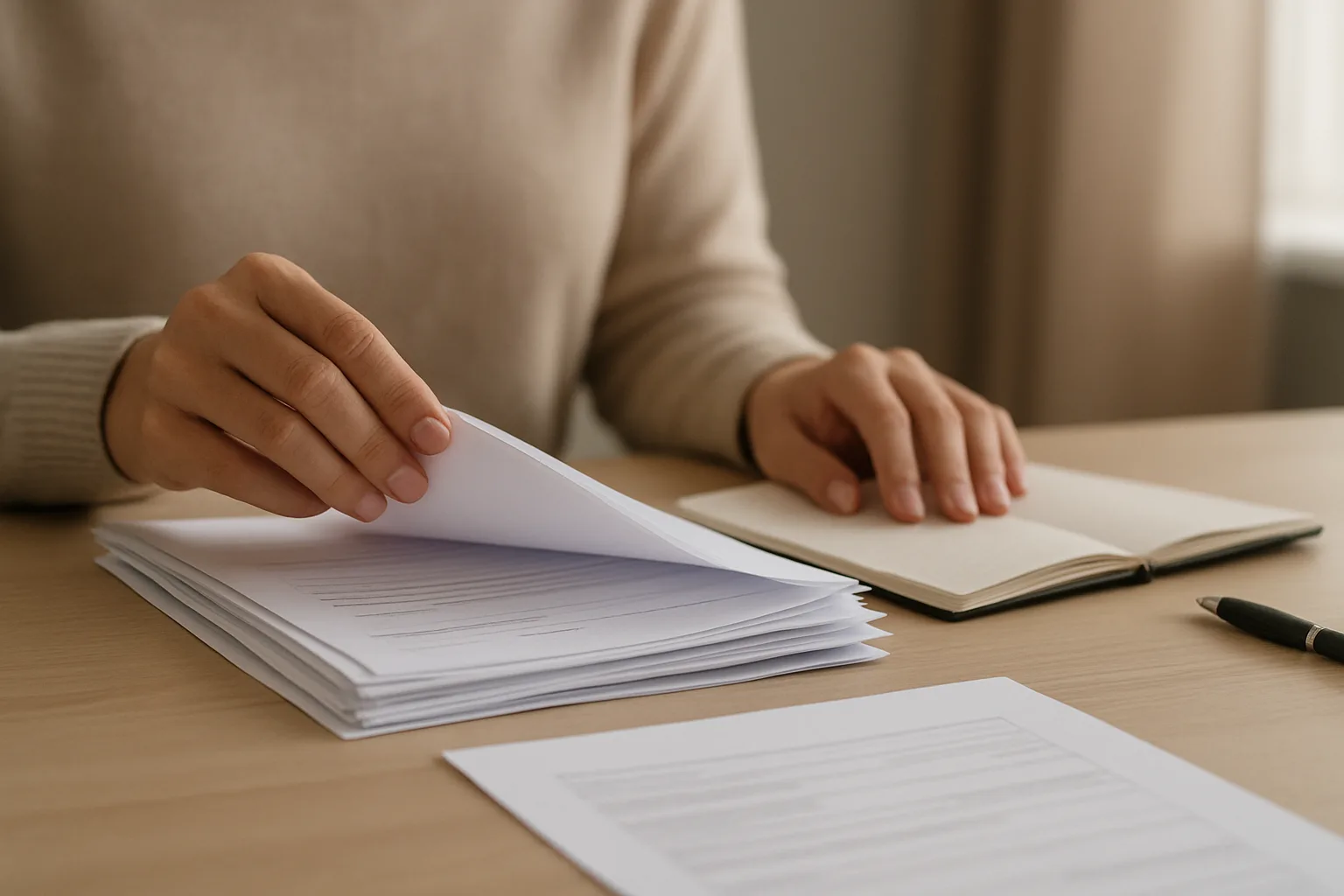 Mains préparant des documents et un carnet avant une consultation médicale.