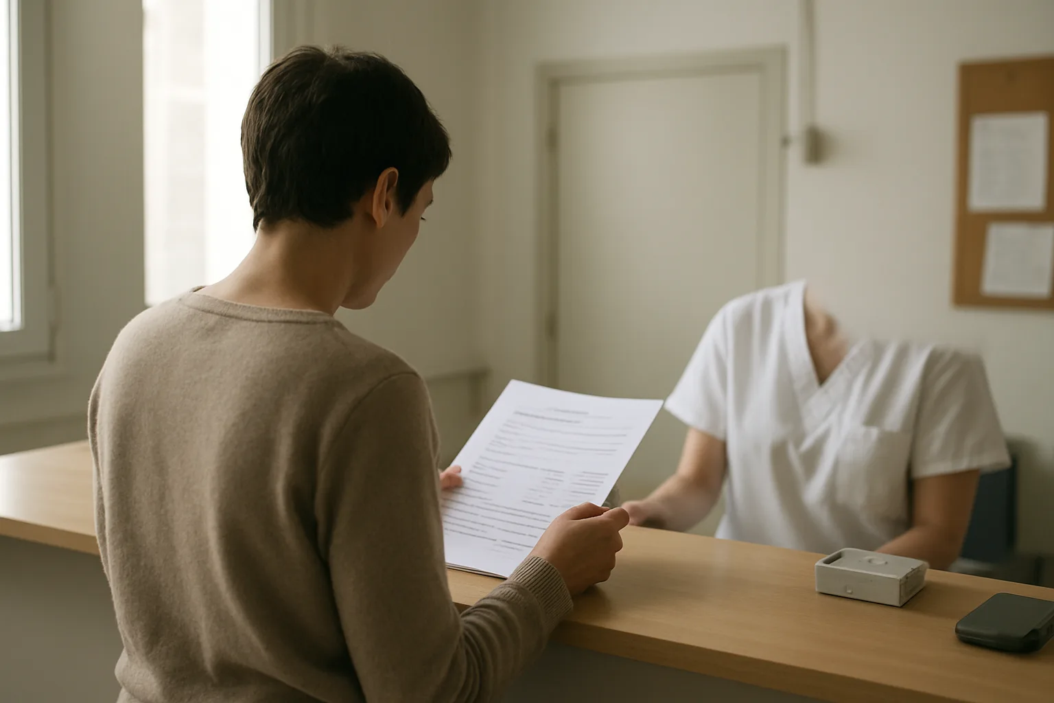 Une personne vérifie ses documents de rendez-vous à l’accueil d’un centre de consultation.