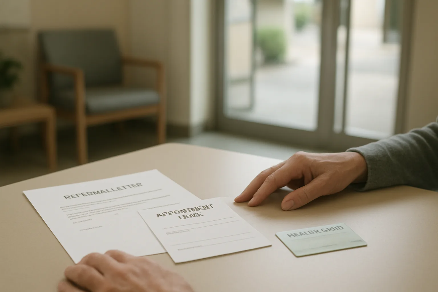 Documents de santé et carte posés sur une table avant un rendez-vous médical.