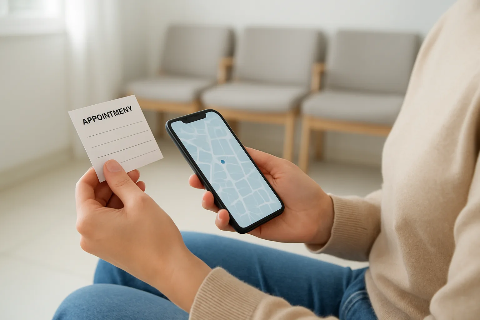 Une personne consulte son téléphone et une note de rendez-vous dans une salle d’attente.