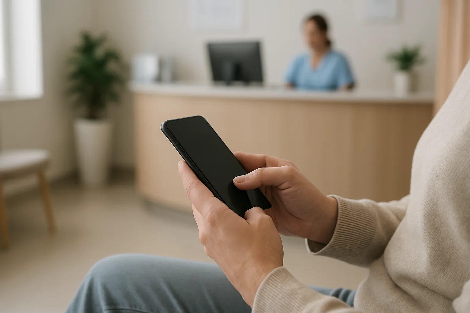 Une personne consulte les informations de son rendez-vous dans une salle d’accueil médicale.