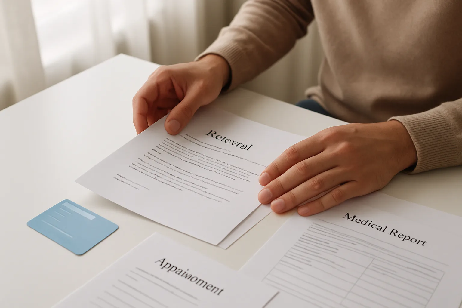 Documents médicaux et carte d’assurance maladie préparés avant une consultation.
