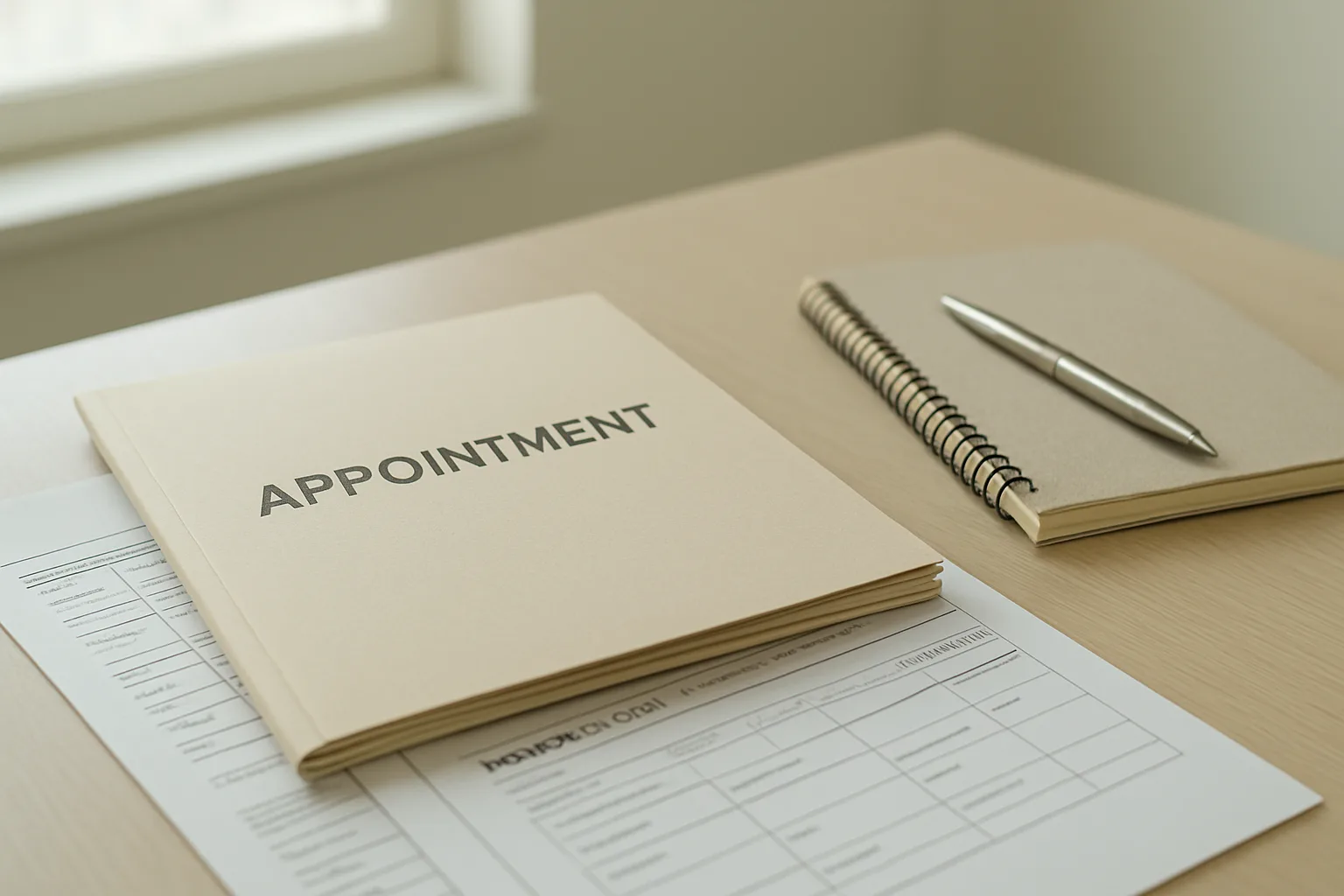 Documents médicaux et carnet préparés sur un bureau avant une consultation spécialisée.