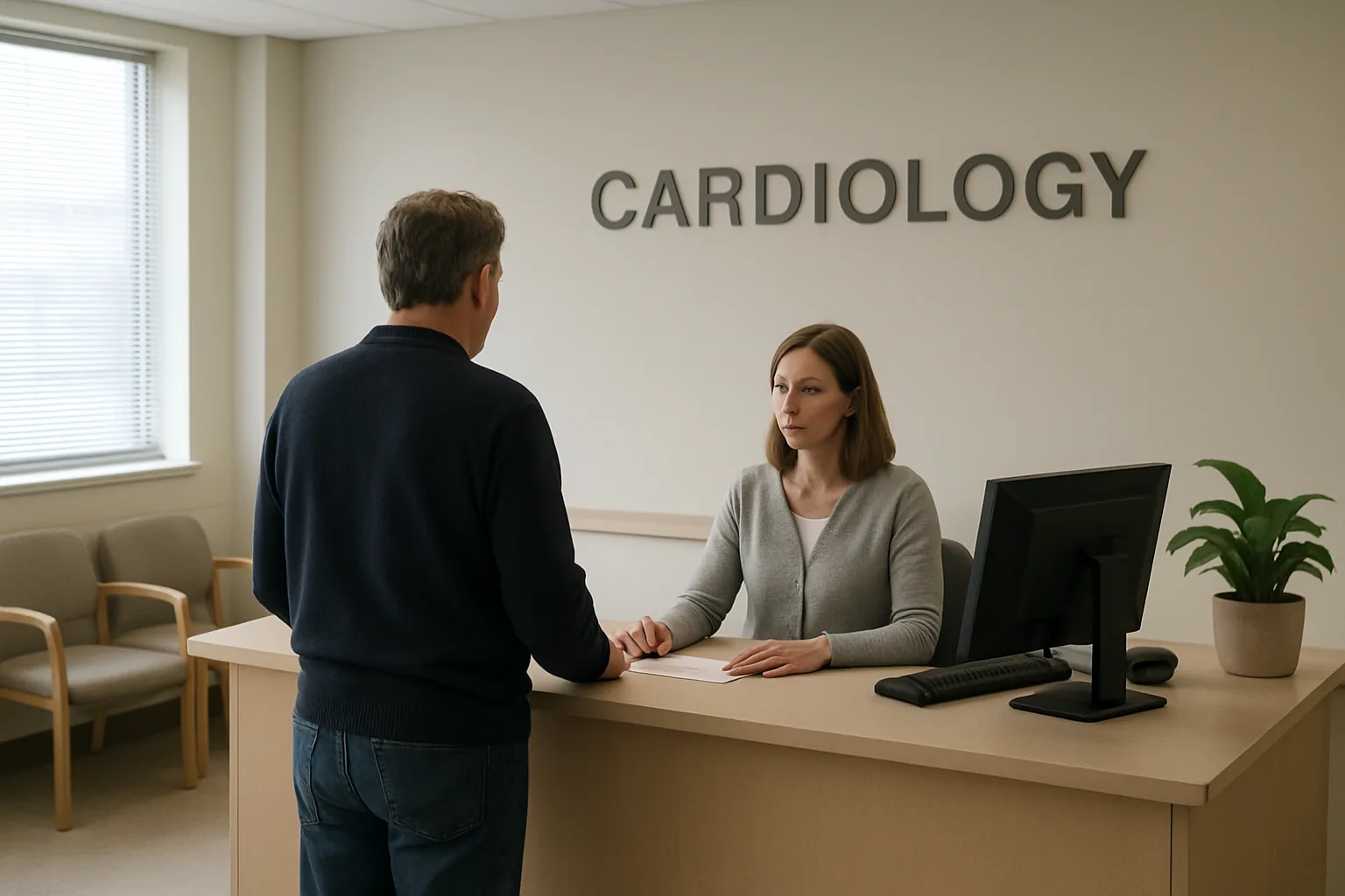 Espace d’accueil d’un cabinet de cardiologie avec une personne de dos au comptoir.