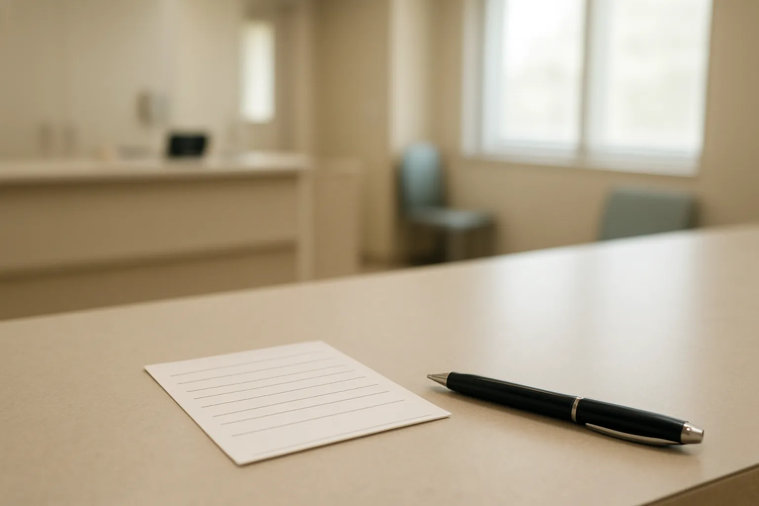 Comptoir d’accueil d’un cabinet médical avec une carte de rendez-vous et un stylo.