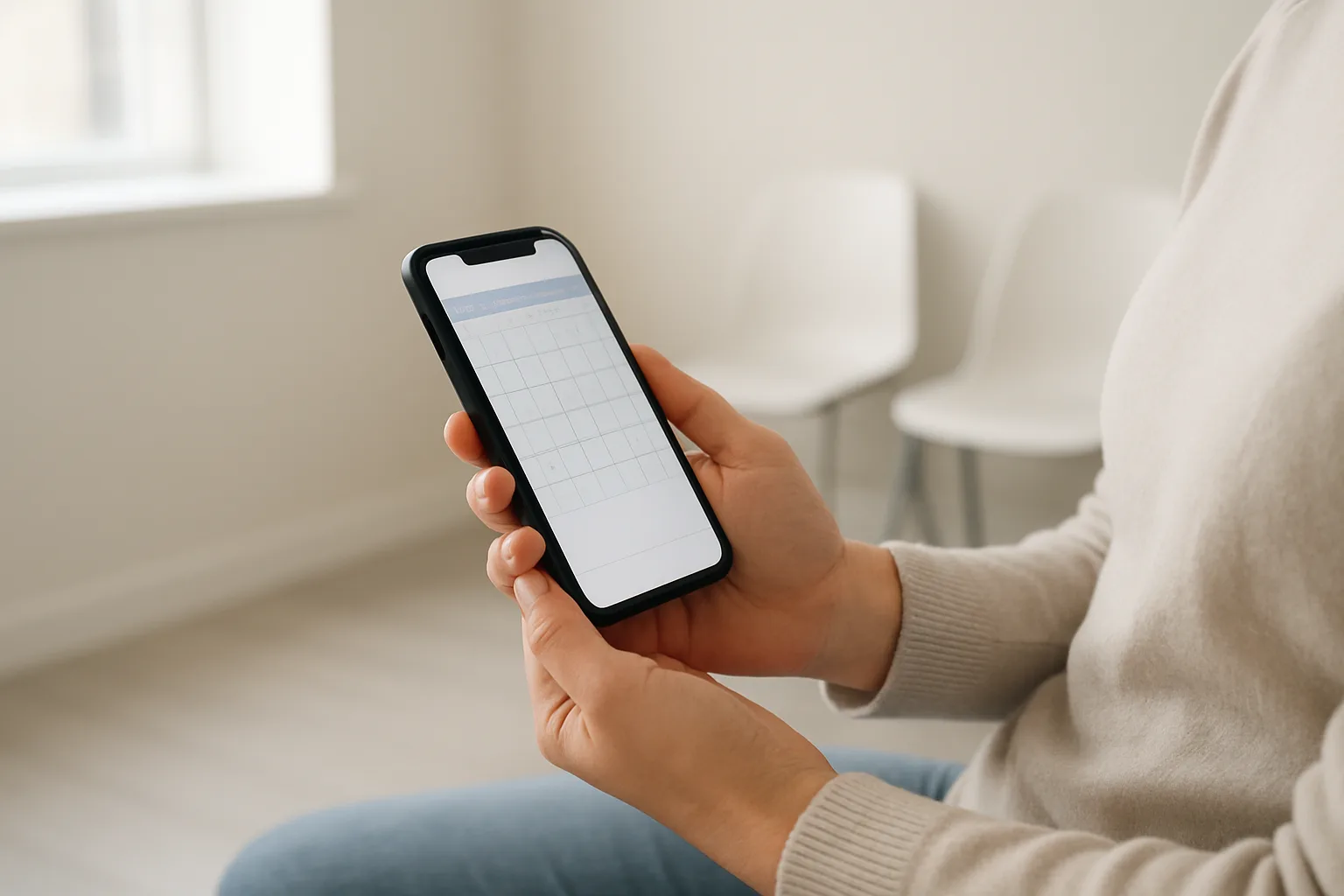 Une personne consulte un calendrier de rendez-vous sur son téléphone dans une salle d’attente médicale.