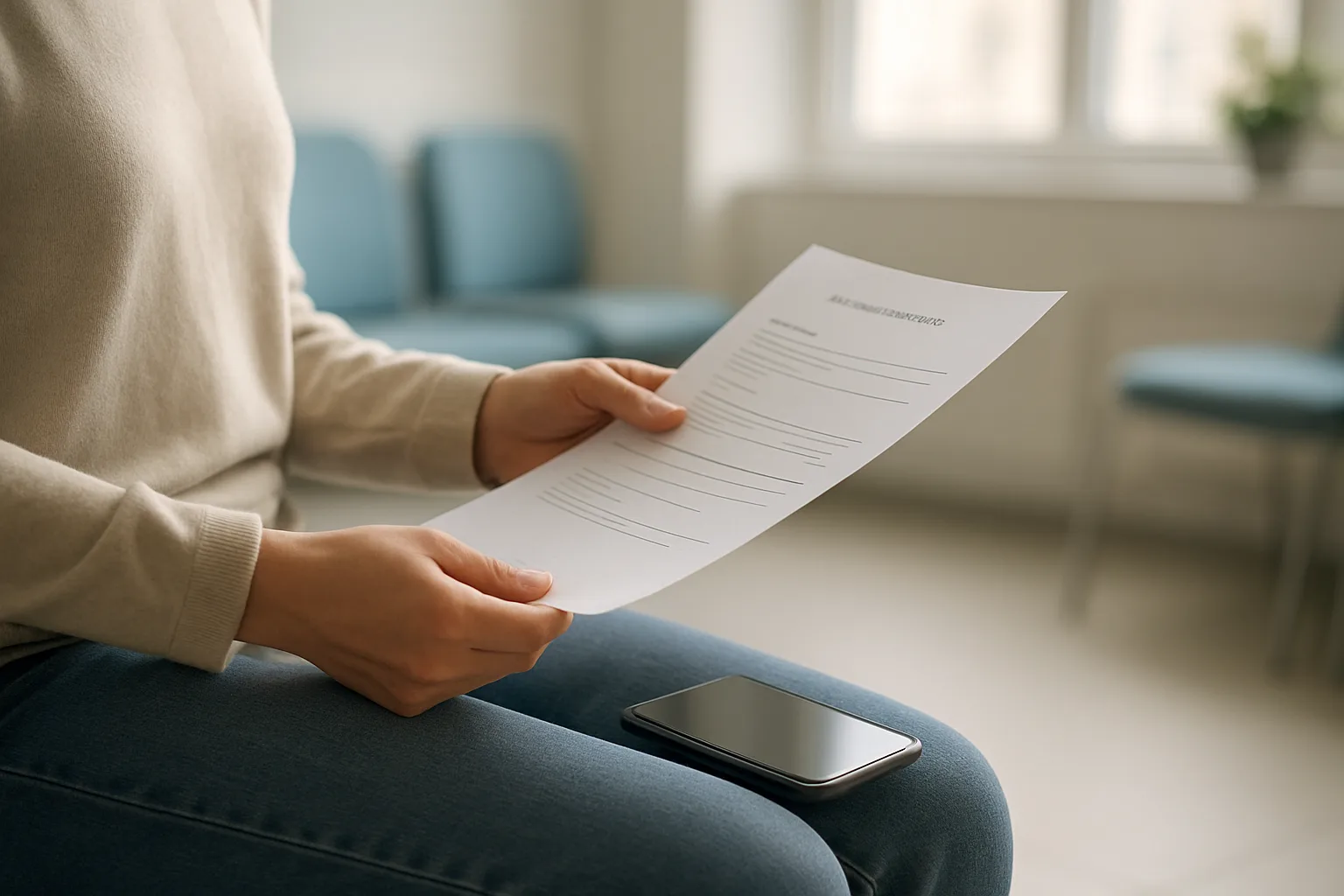 Une personne consulte ses documents de rendez-vous dans une salle d’attente lumineuse.
