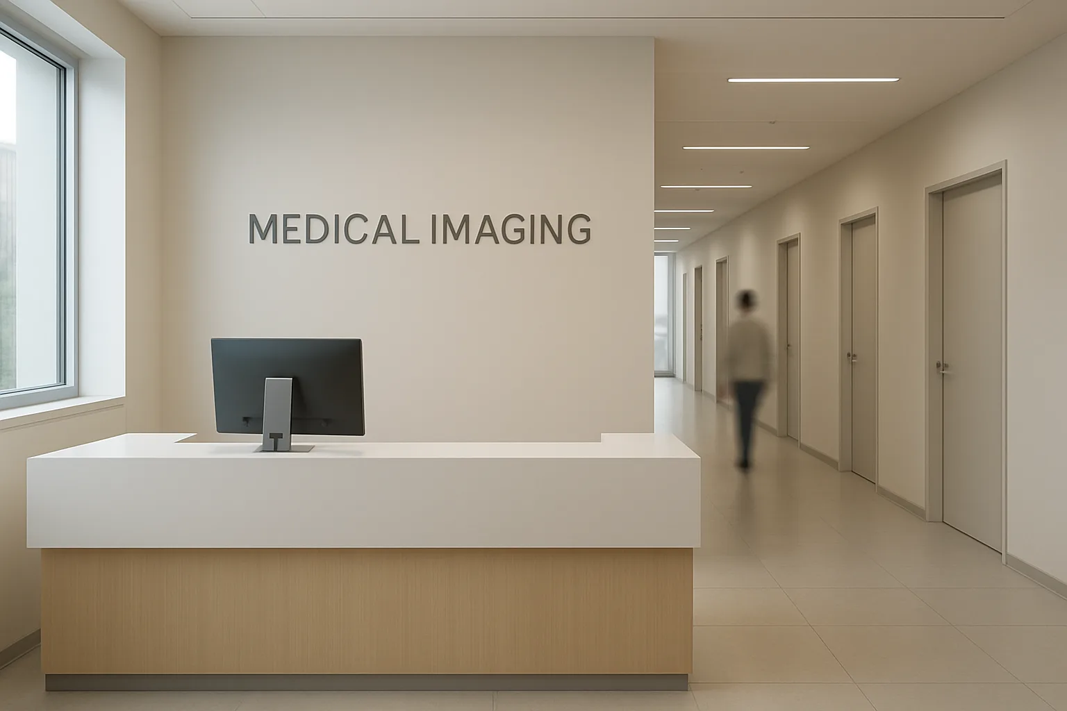 Accueil d’un centre d’imagerie médicale avec un couloir menant aux salles d’examen.