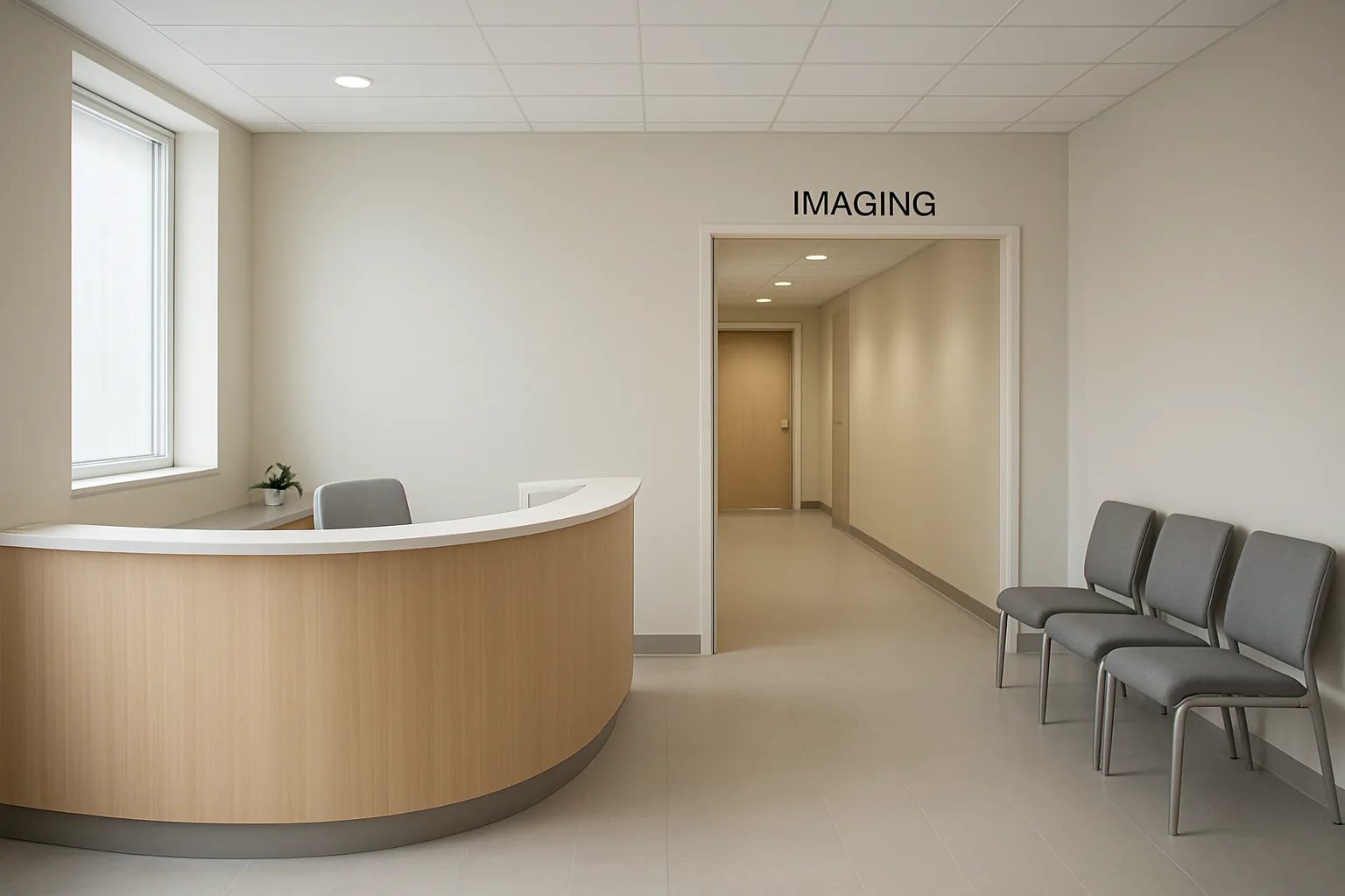 Accueil sobre d’un centre d’imagerie médicale avec un couloir menant aux salles d’examen.