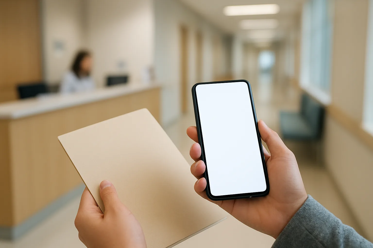 Une personne consulte son téléphone dans l’accueil d’un centre de santé.