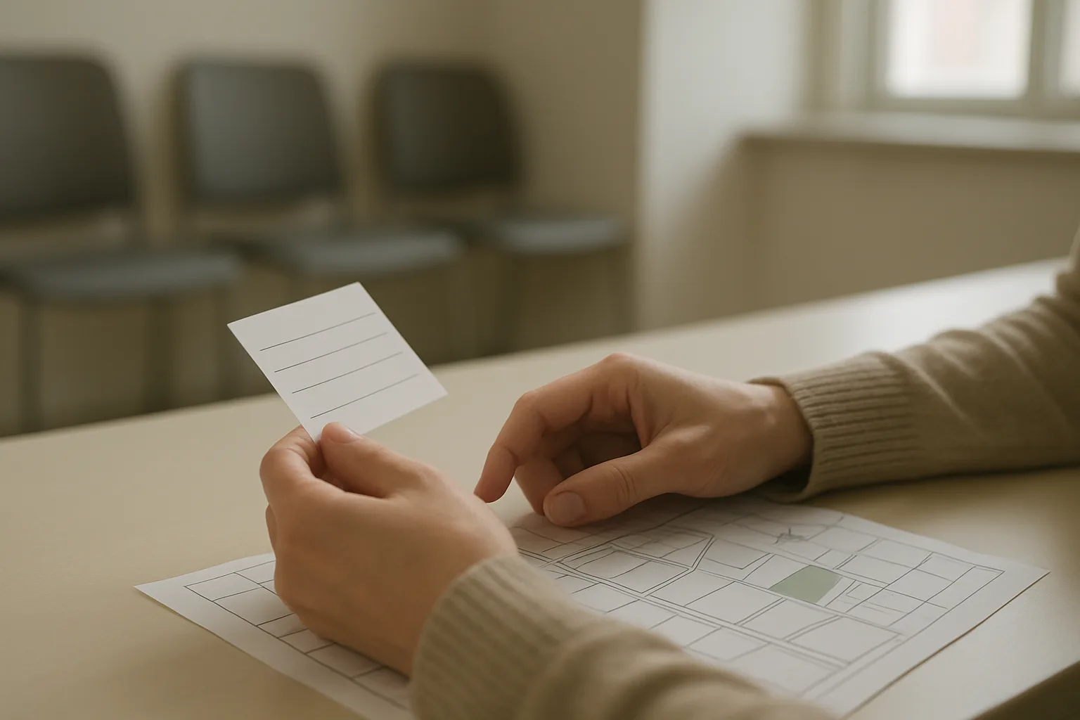 Une personne consulte une carte et des documents de rendez-vous dans un espace de soins.