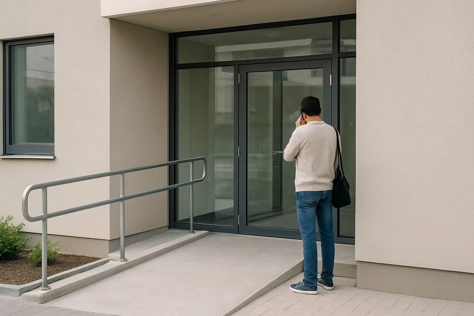 Entrée d’un cabinet médical avec une rampe d’accès et un visiteur vu de dos.