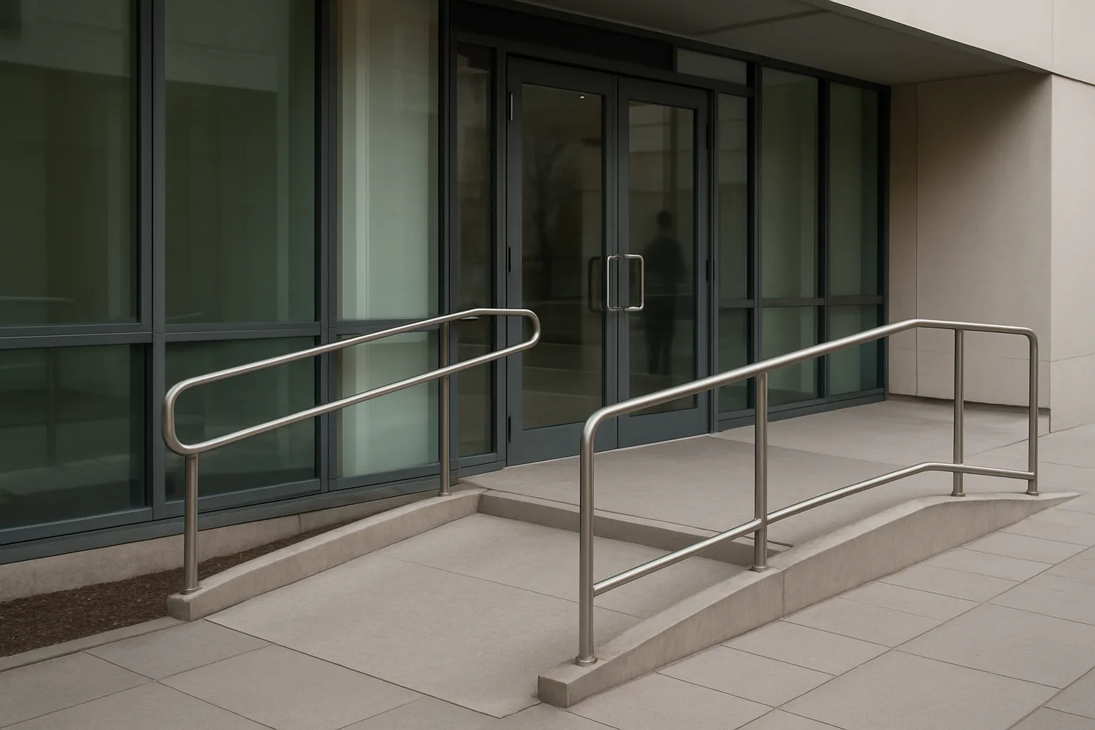 Entrée d’un cabinet médical avec une rampe d’accès et des portes vitrées.