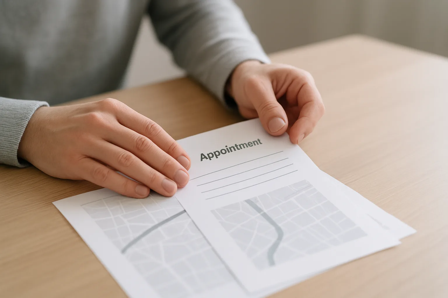 Mains consultant un plan de ville et une note de rendez-vous médical.